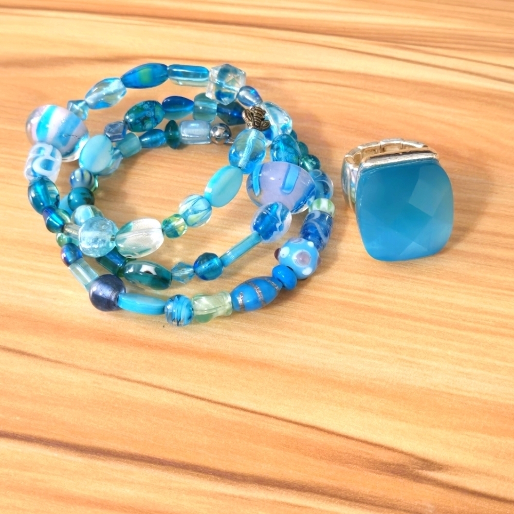 Lane Bryant Stretch Ring Hand Crafted Wrap Bracelet Set Glass Acrylic Turquoise